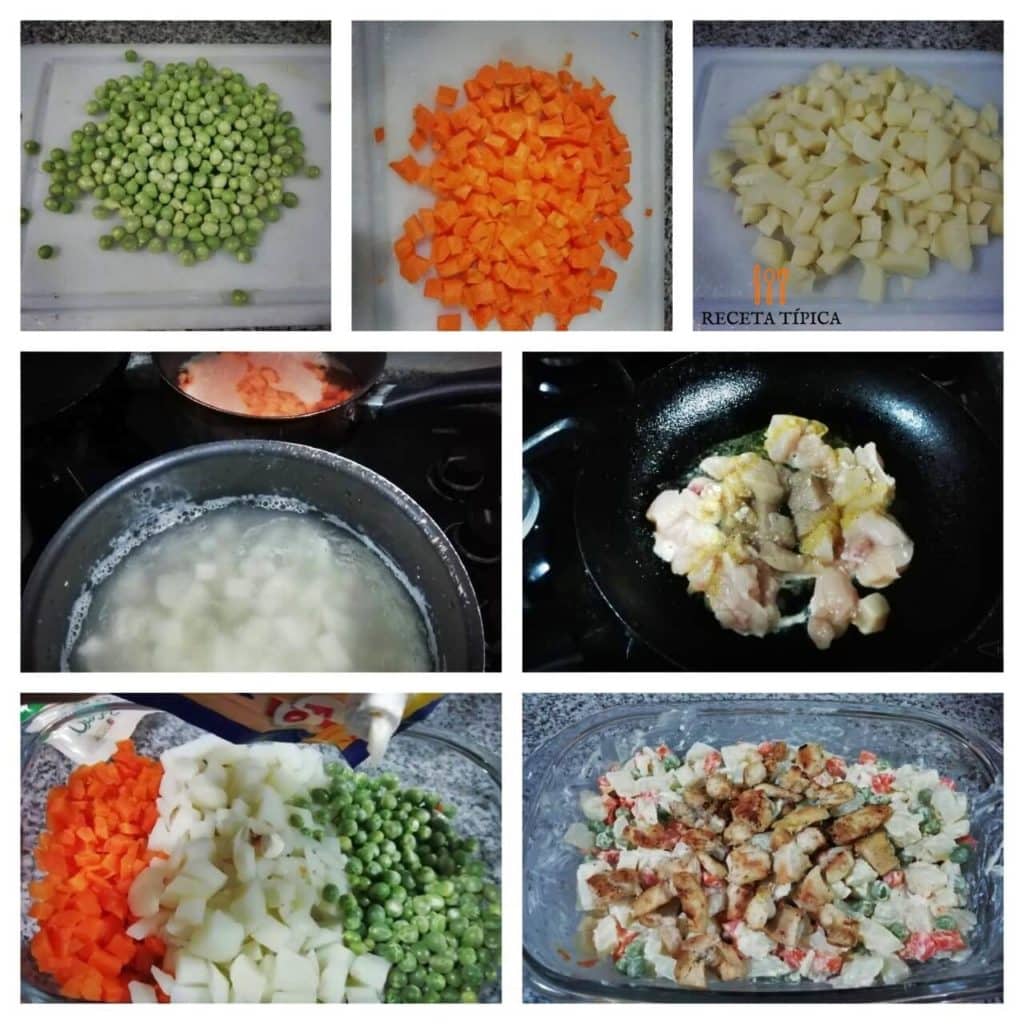 Instructions step by step vegetable and chicken salad.