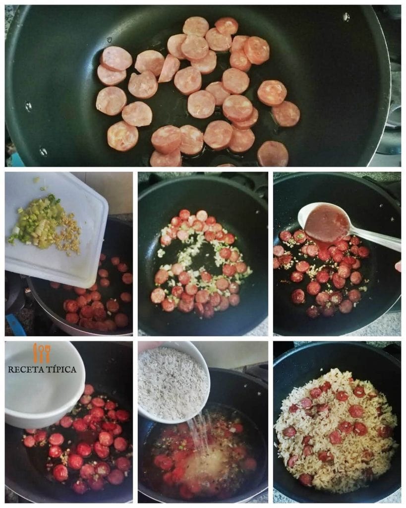 chorizo rice, step by step instructions with photos of the process